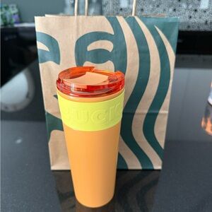 Starbucks Orange Tumbler with Lime Band and Red Lid